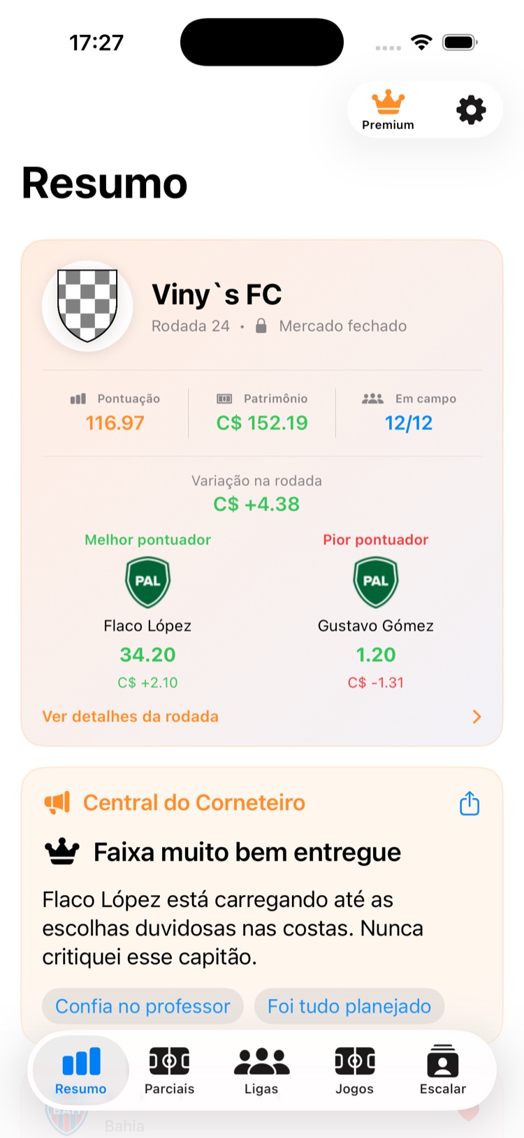 Central do Corneteiro na tela de Resumo