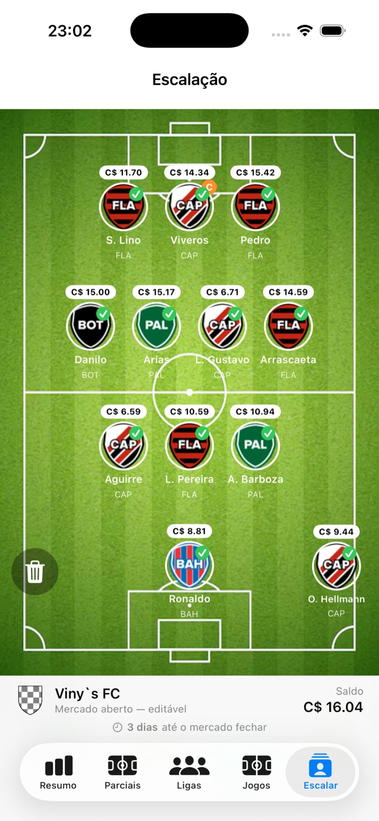 Tela de Escalação em campo