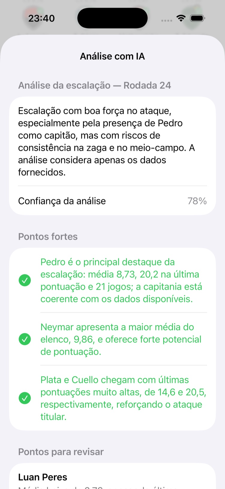 Menu de recursos para escalar, com análise com IA grátis por rodada